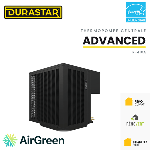 Thermopompe centrale DURASTAR Advanced au R-410A, installée par AirGreen à Montréal, Laval, Longueuil, sur la Rive-Sud et la Rive-Nord