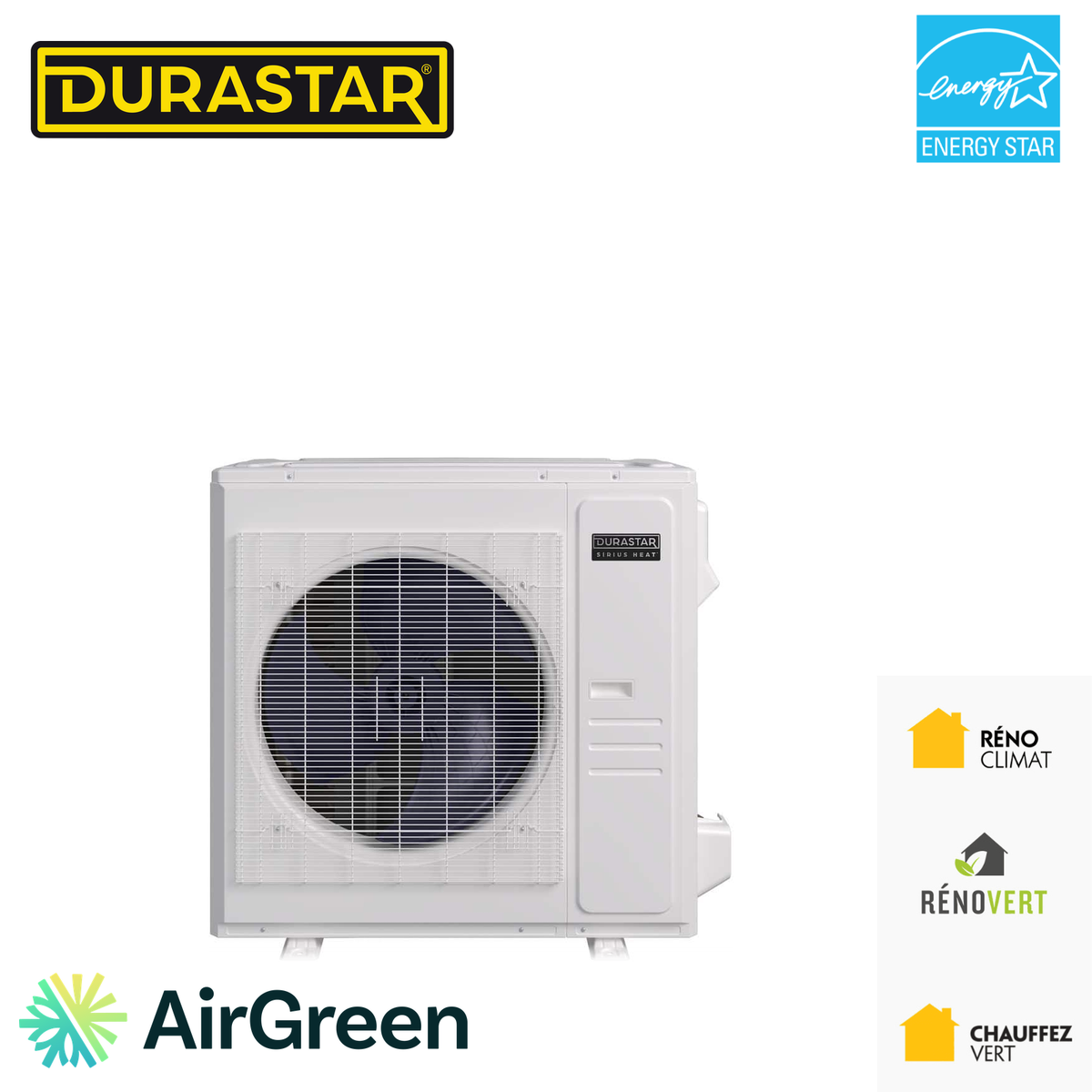 Thermopompe centrale DURASTAR, unité extérieure, installée par AirGreen à Montréal, Laval, Longueuil, sur la Rive-Sud et la Rive-Nord