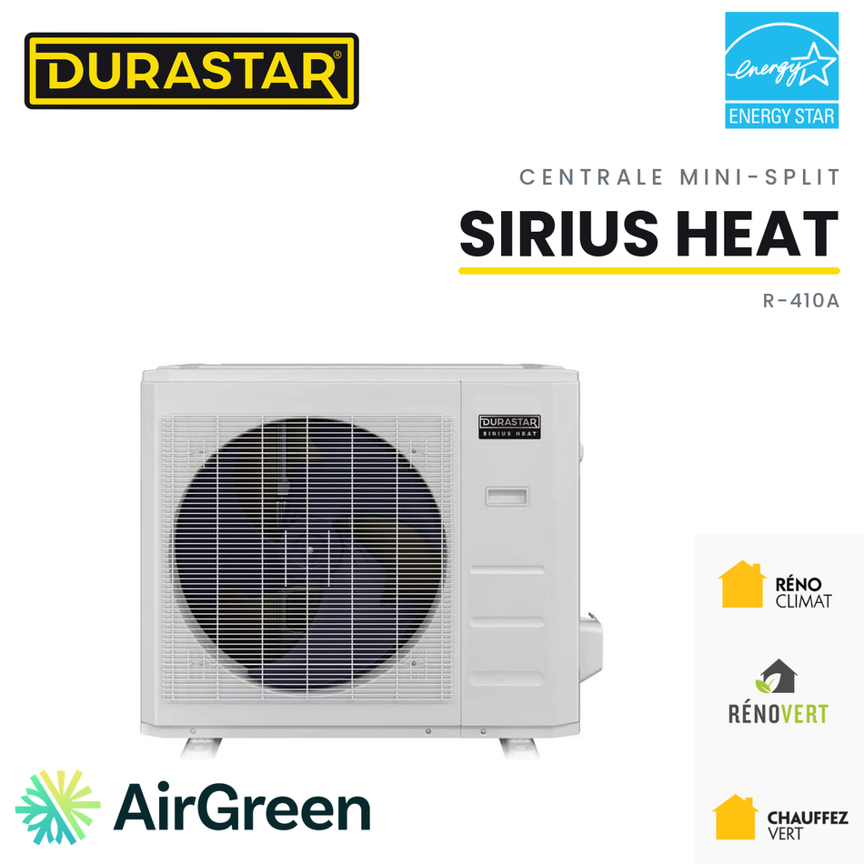Thermopompe centrale DURASTAR Sirius Heat au R-410A, installée par AirGreen à Montréal, Laval, Longueuil, sur la Rive-Sud et la Rive-Nord
