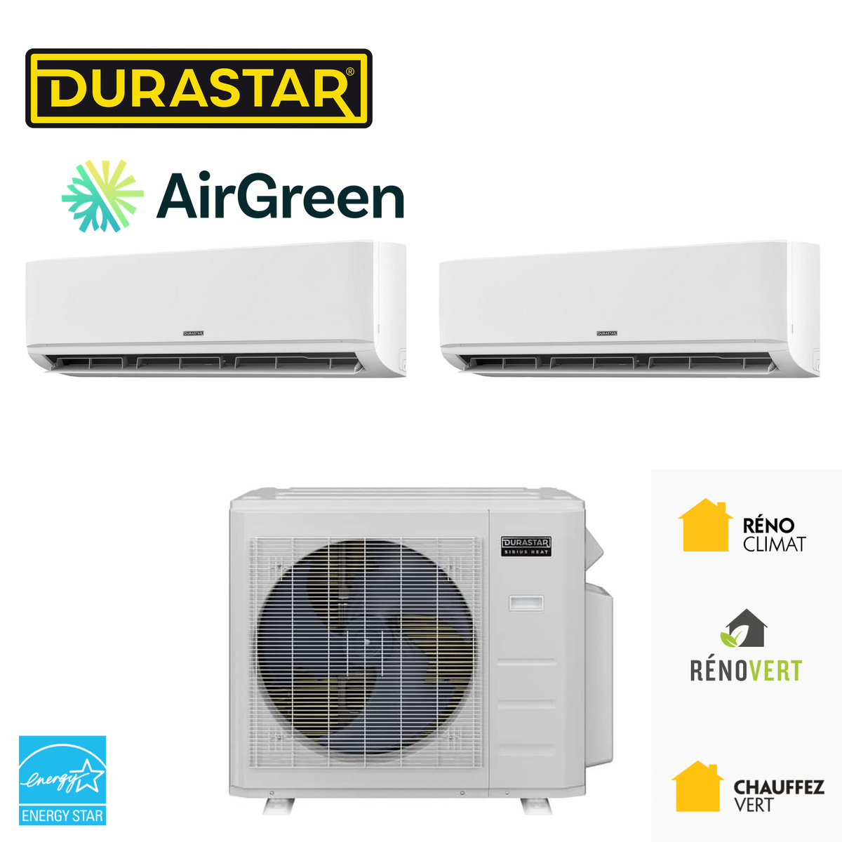 Thermopompe DURASTAR à 2 zones, 2 têtes murales et une unité extérieure, installée par AirGreen à Montréal, Laval, Longueuil, sur la Rive-Sud et la Rive-Nord