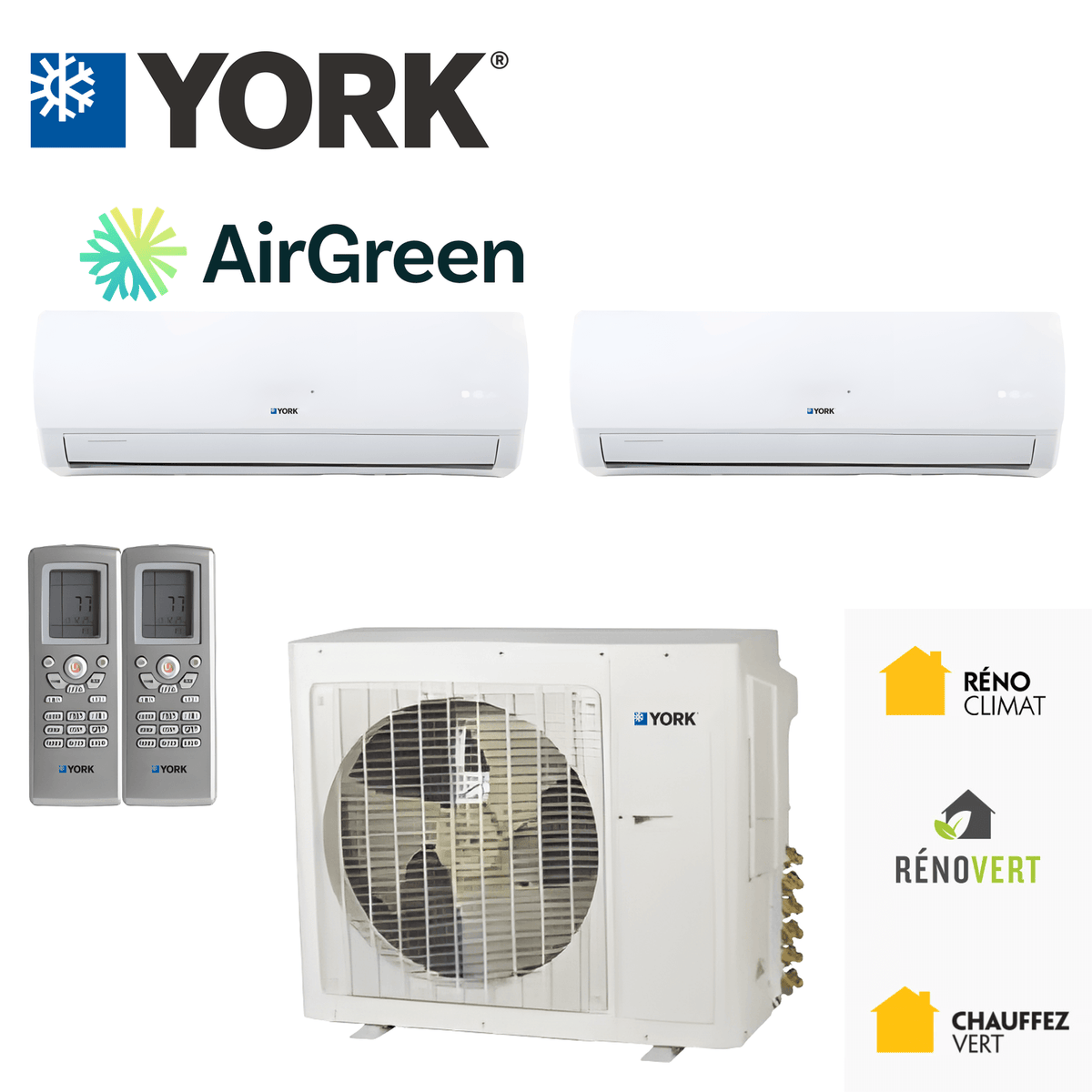 Thermopompe YORK double zone : deux unités murales et une unité extérieure, installée par AirGreen