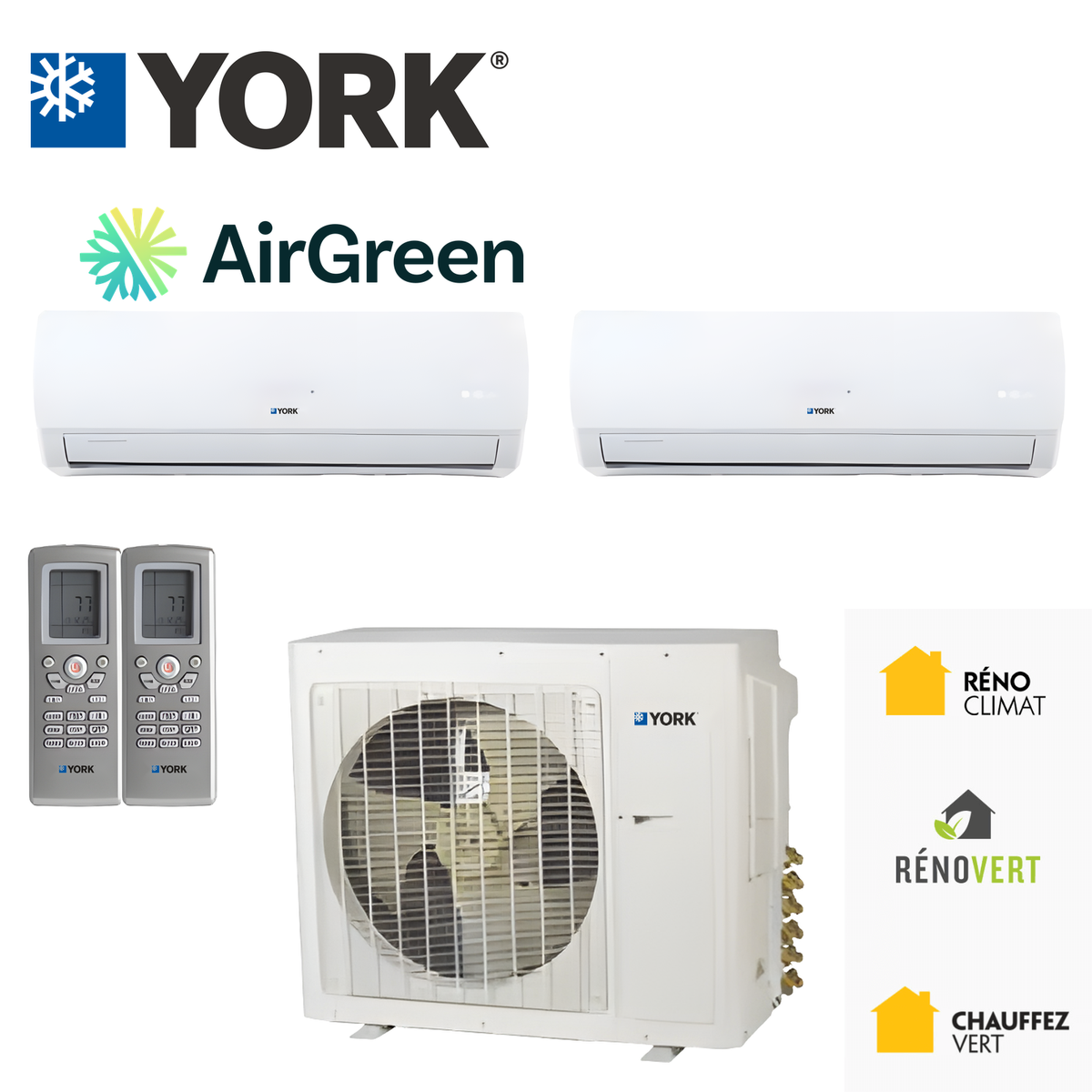 Thermopompe YORK double zone : deux unités murales et une unité extérieure, installée par AirGreen