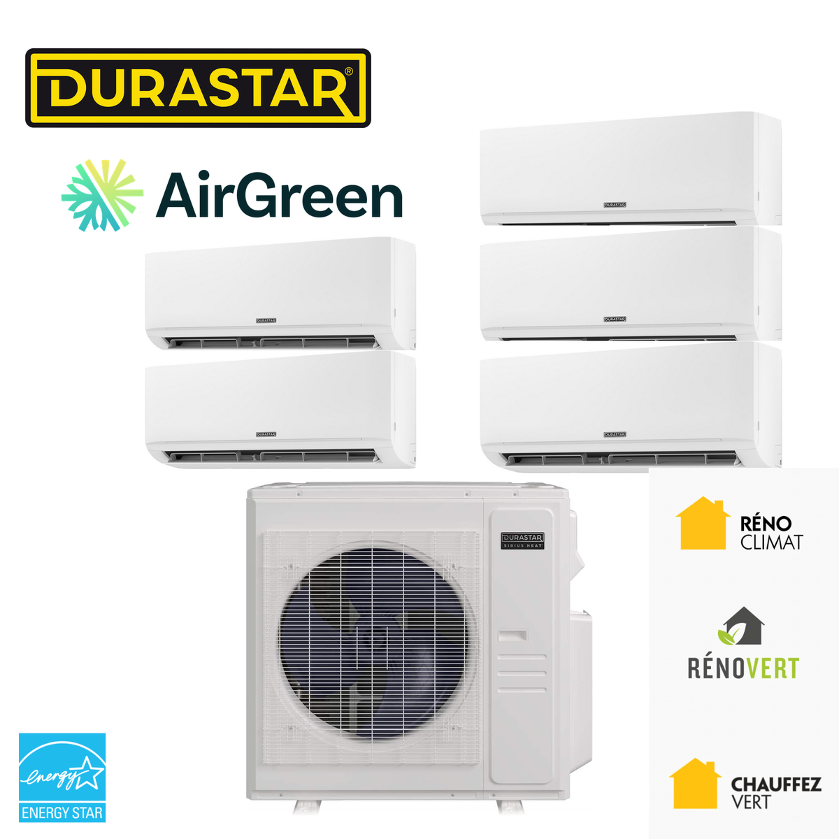 Thermopompe multi-zone DURASTAR à cinq têtes murales et une unité extérieure, installée par AirGreen à Montréal, Laval, Longueuil, sur la Rive-Sud et la Rive-Nord