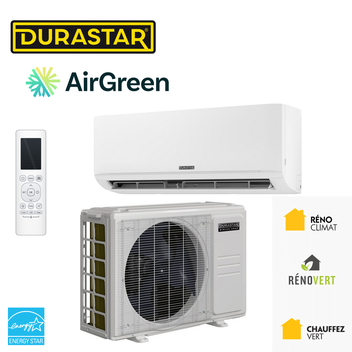 Thermopompe murale DURASTAR avec unité extérieure et télécommande, installée par AirGreen à Montréal, Laval, Longueuil, sur la Rive-Sud et la Rive-Nord