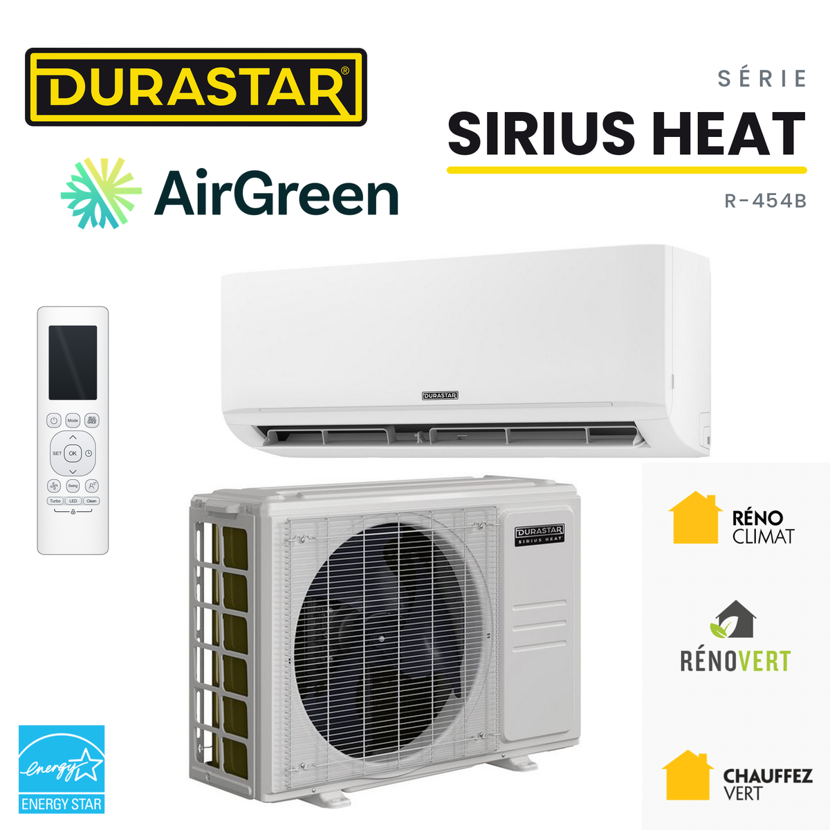 Thermopompe murale DURASTAR Sirius Heat au R-454B, installée par AirGreen à Montréal, Laval, Longueuil, sur la Rive-Sud et la Rive-Nord