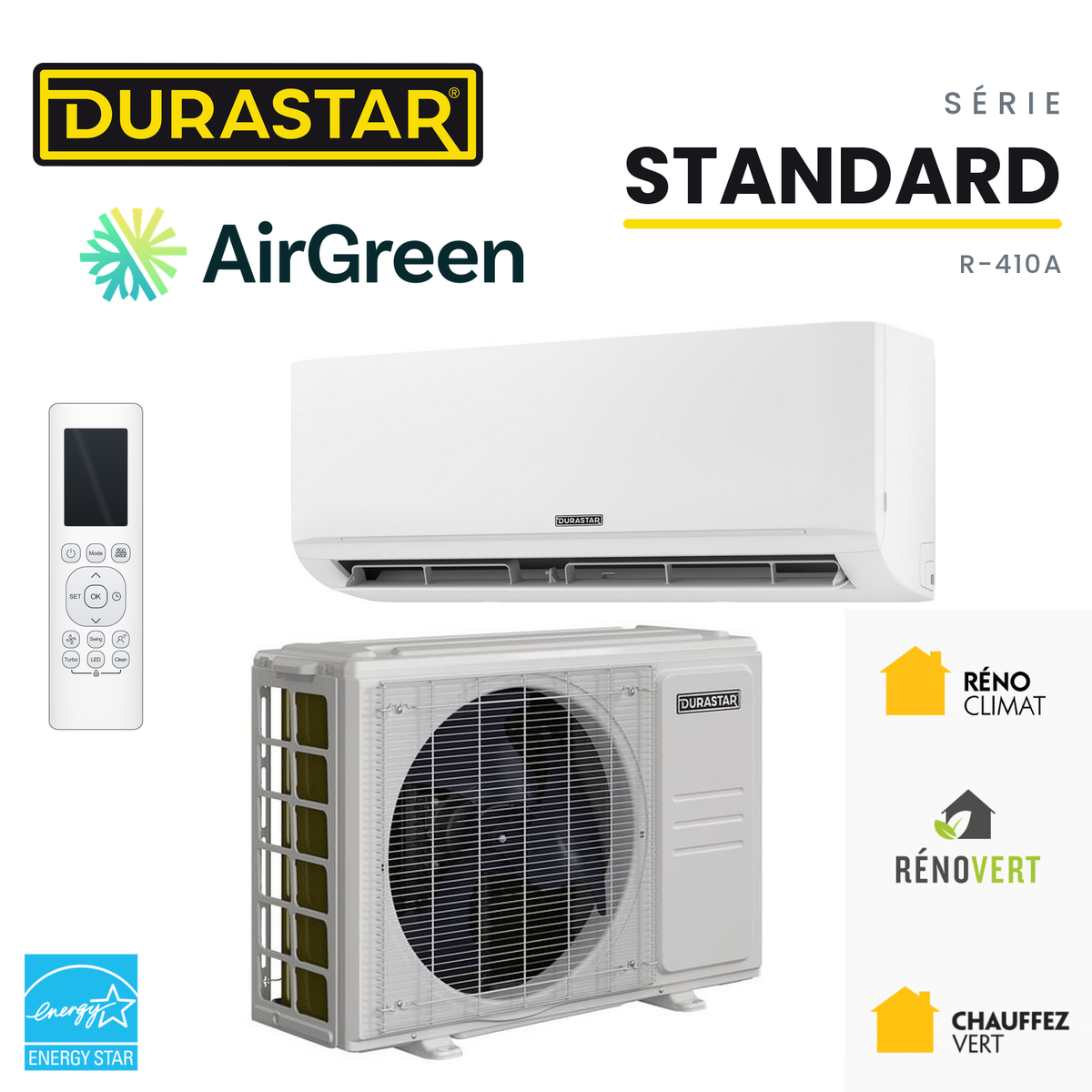 Thermopompe murale DURASTAR Standard au R-410A, installée par AirGreen à Montréal, Laval, Longueuil, sur la Rive-Sud et la Rive-Nord