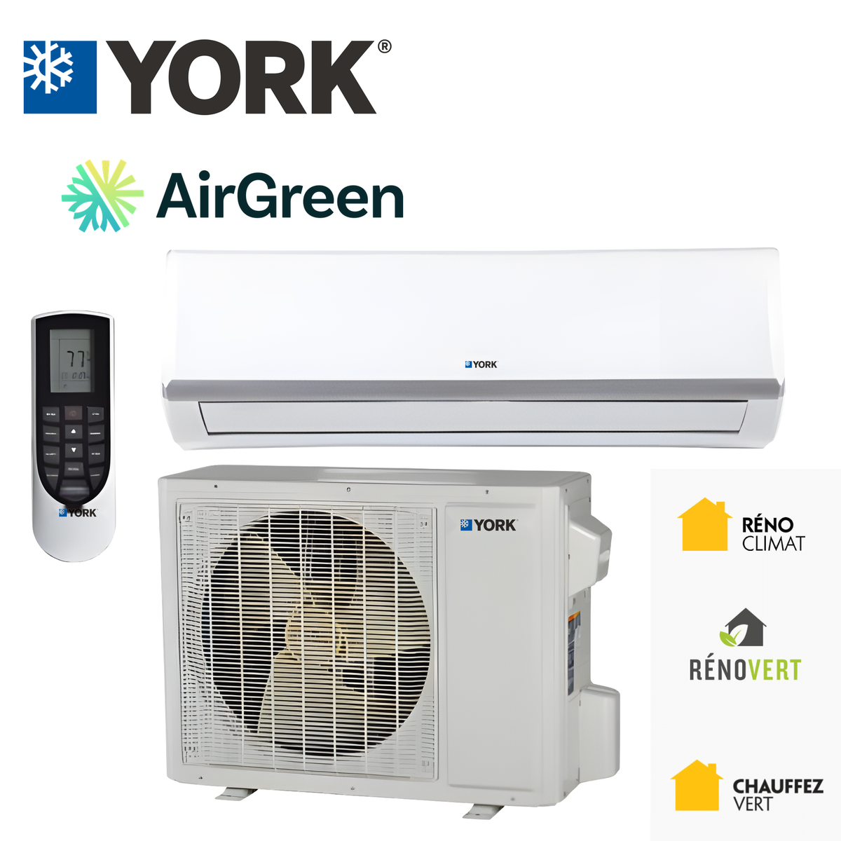 Thermopompe murale YORK avec télécommande, unité intérieure et unité extérieure, installée par AirGreen