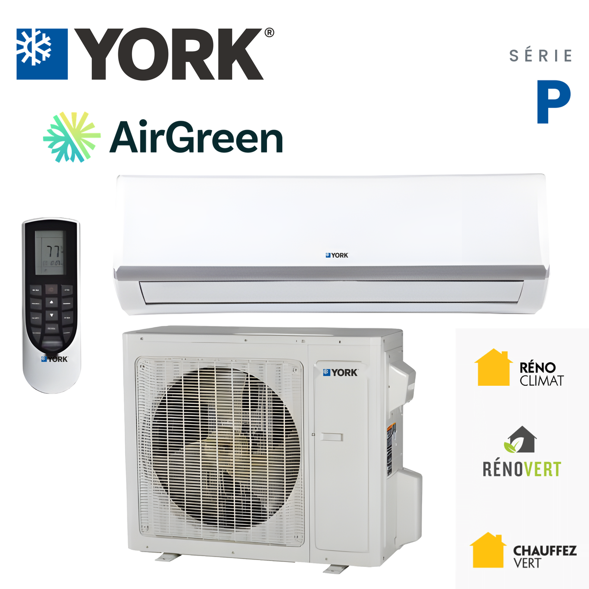 Thermopompe murale YORK Série P avec unité extérieure et télécommande, installée par AirGreen