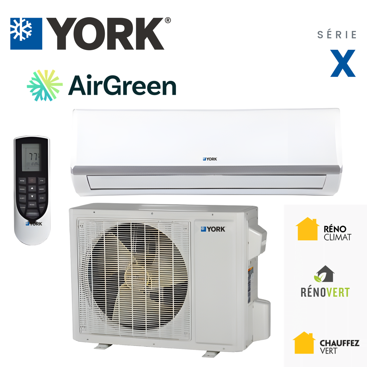 Thermopompe murale YORK Série X avec unité extérieure et télécommande, installée par AirGreen