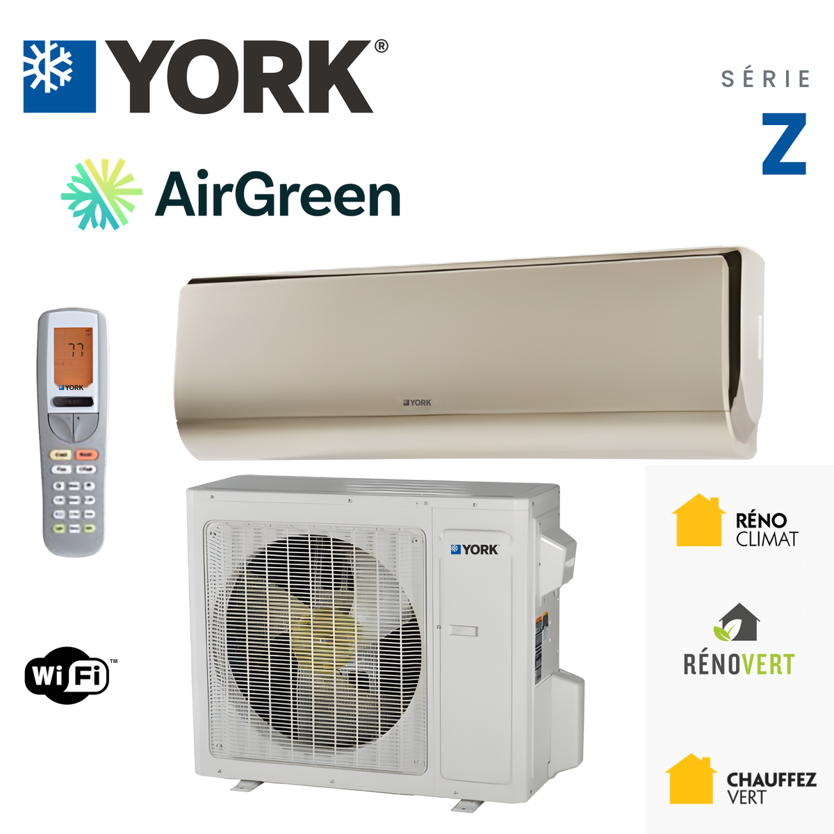 Thermopompe murale YORK Série Z avec Wi-Fi intégré, unité extérieure et télécommande, installée par AirGreen