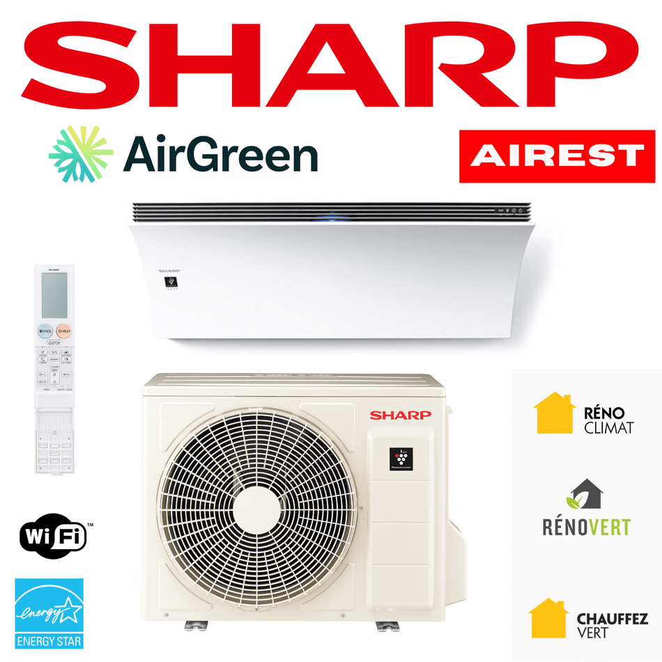 Thermopompe Murale Sharp AIREST | Montréal, Laval, Longueuil - High-efficiency air conditioner with remote control and energy certifications.
