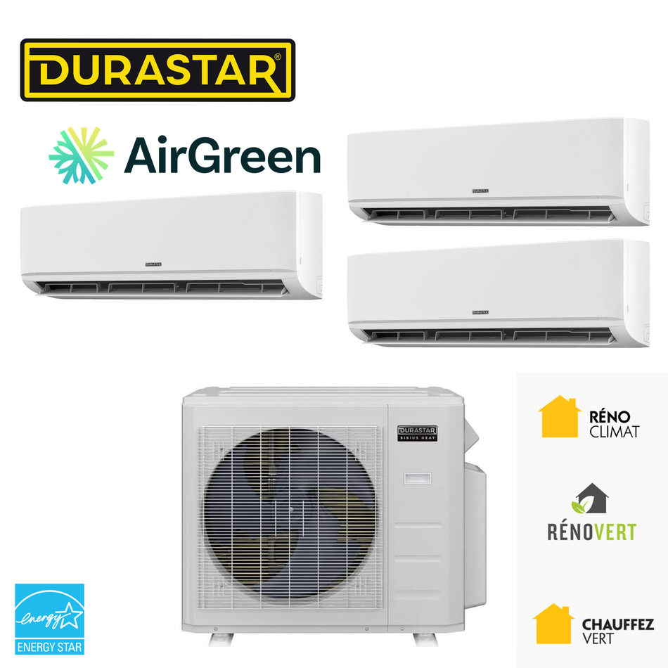 Thermopompe DURASTAR à 3 zones, 3 têtes murales et une unité extérieure, installée par AirGreen à Montréal, Laval, Longueuil, sur la Rive-Sud et la Rive-Nord