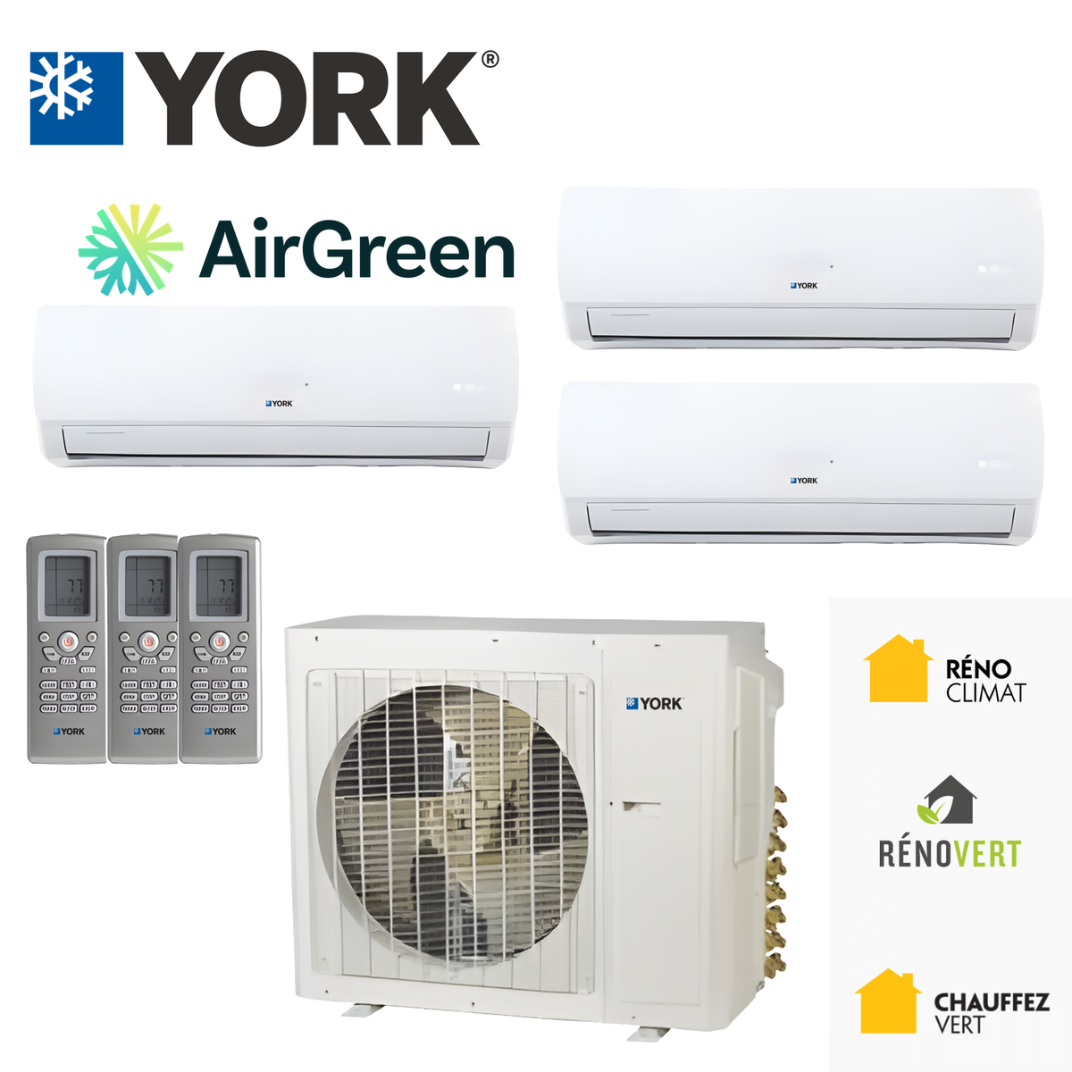 Thermopompe YORK triple zone : trois unités murales et une unité extérieure, installée par AirGreen
