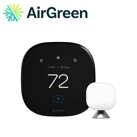 Thermostat intelligent ecobee et son capteur de pièce, avec le logo AirGreen