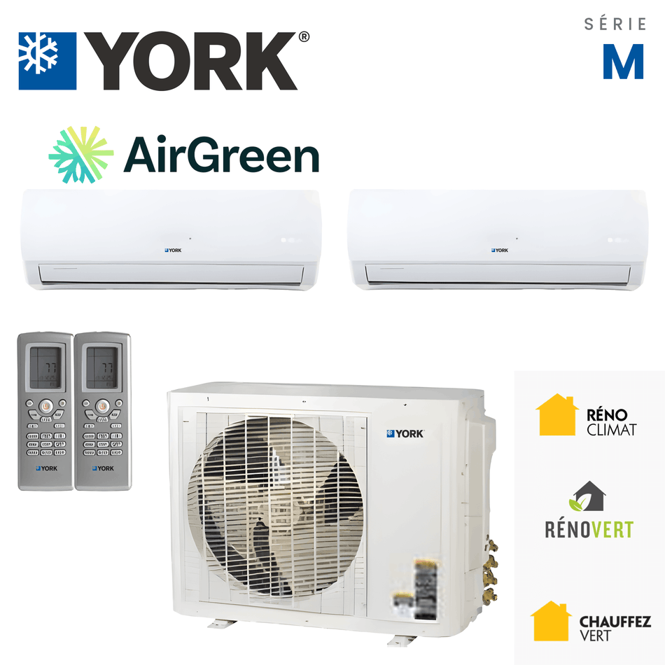 Climatiseur 2-Zones YORK Série M 16 SEER | 18000 BTU — installation par AirGreen à Montréal, Laval, Longueuil, sur la Rive-Sud et sur la Rive-Nord.