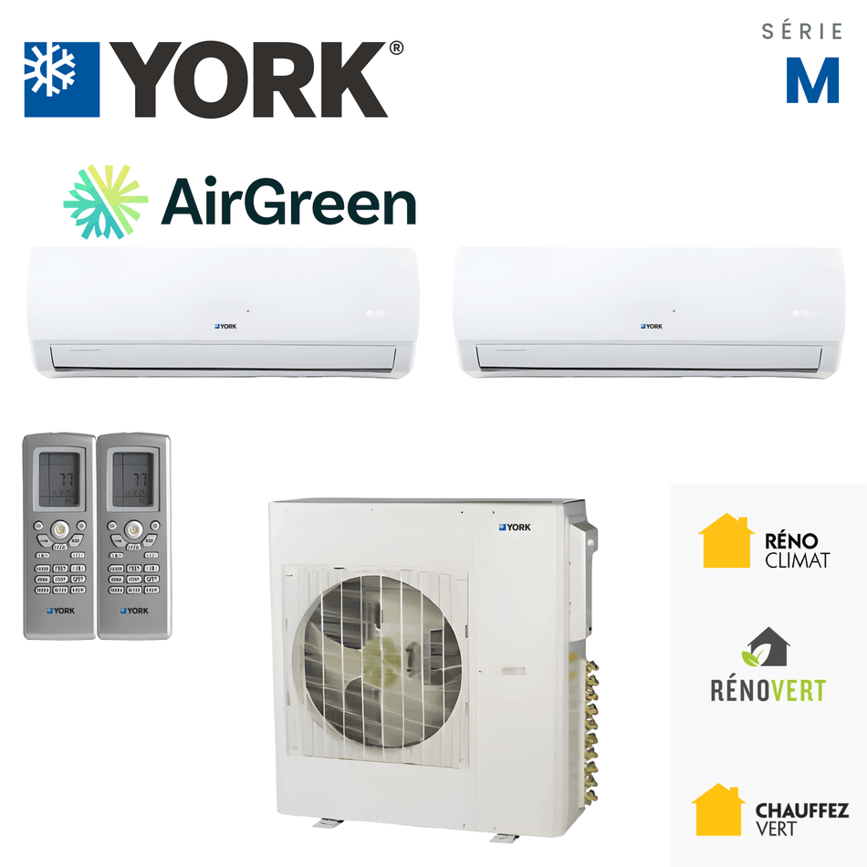 Climatiseur 2-Zones YORK Série M 16 SEER | 36000 BTU — installation par AirGreen à Montréal, Laval, Longueuil, sur la Rive-Sud et sur la Rive-Nord.