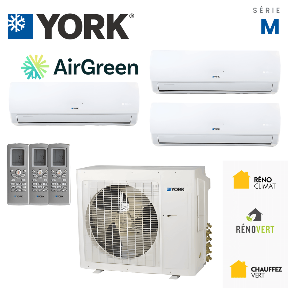 Climatiseur 3-Zones YORK Série M 16 SEER | 24000 BTU — installation par AirGreen à Montréal, Laval, Longueuil, sur la Rive-Sud et sur la Rive-Nord.