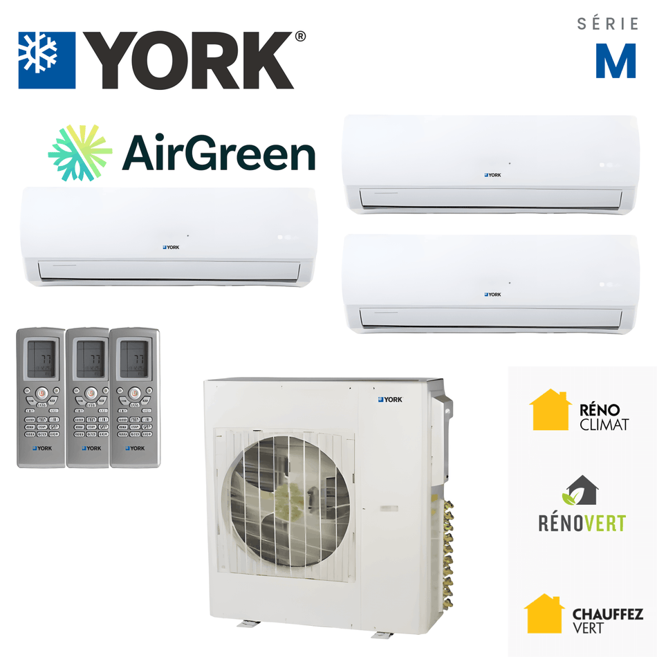 Climatiseur 3-Zones YORK Série M 16 SEER | 36000 BTU — installation par AirGreen à Montréal, Laval, Longueuil, sur la Rive-Sud et sur la Rive-Nord.