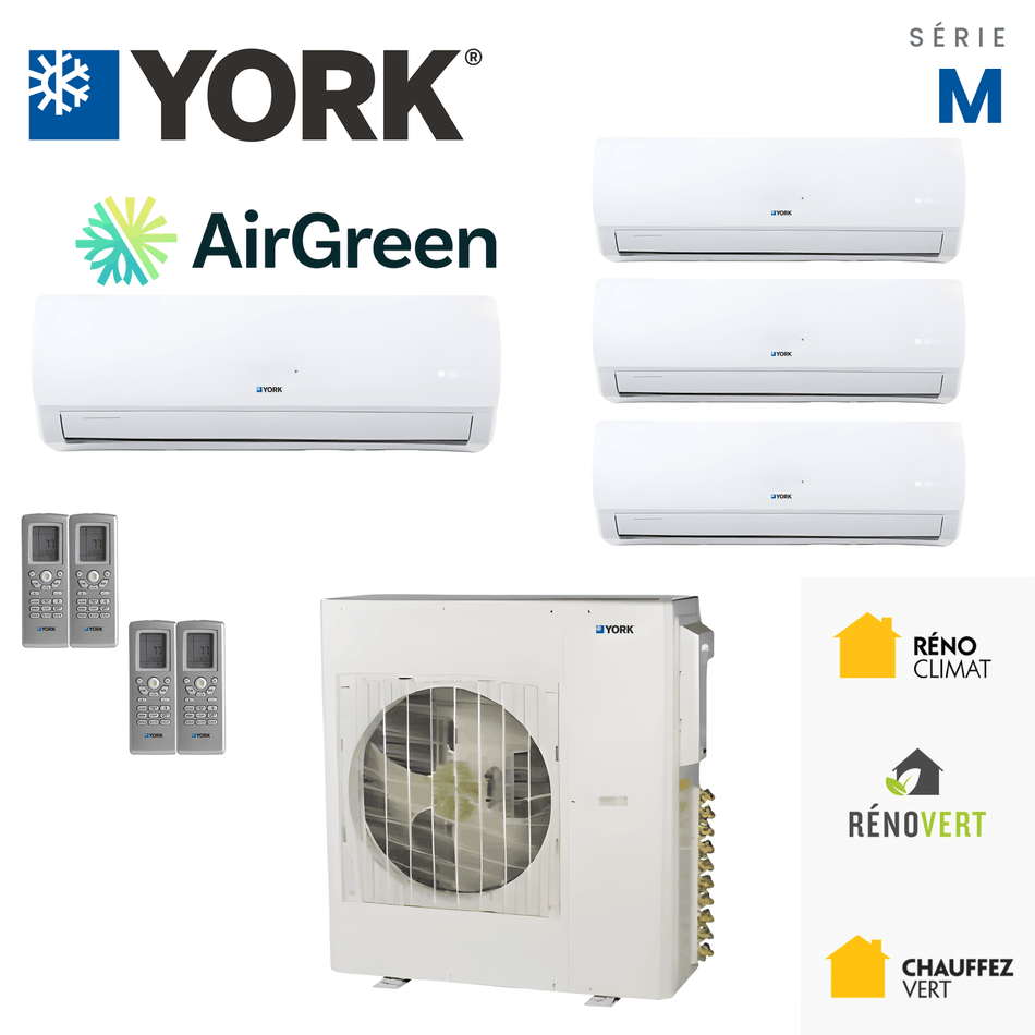 Climatiseur 4-Zones YORK Série M 16 SEER | 36000 BTU — installation par AirGreen à Montréal, Laval, Longueuil, sur la Rive-Sud et sur la Rive-Nord.