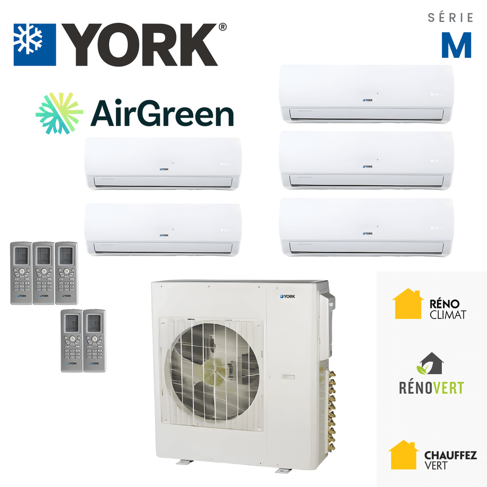 Climatiseur 5-Zones YORK Série M 16 SEER | 42000 BTU — installation par AirGreen à Montréal, Laval, Longueuil, sur la Rive-Sud et sur la Rive-Nord.