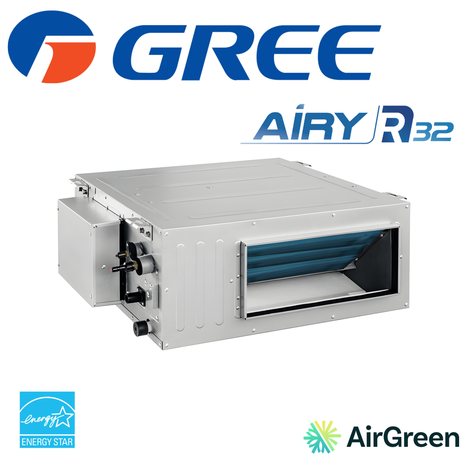 Thermopompe gainable GREE AIRY R32 12 000 BTU — conduit gainable à haute pression statique, certifié ENERGY STAR, installé par AirGreen