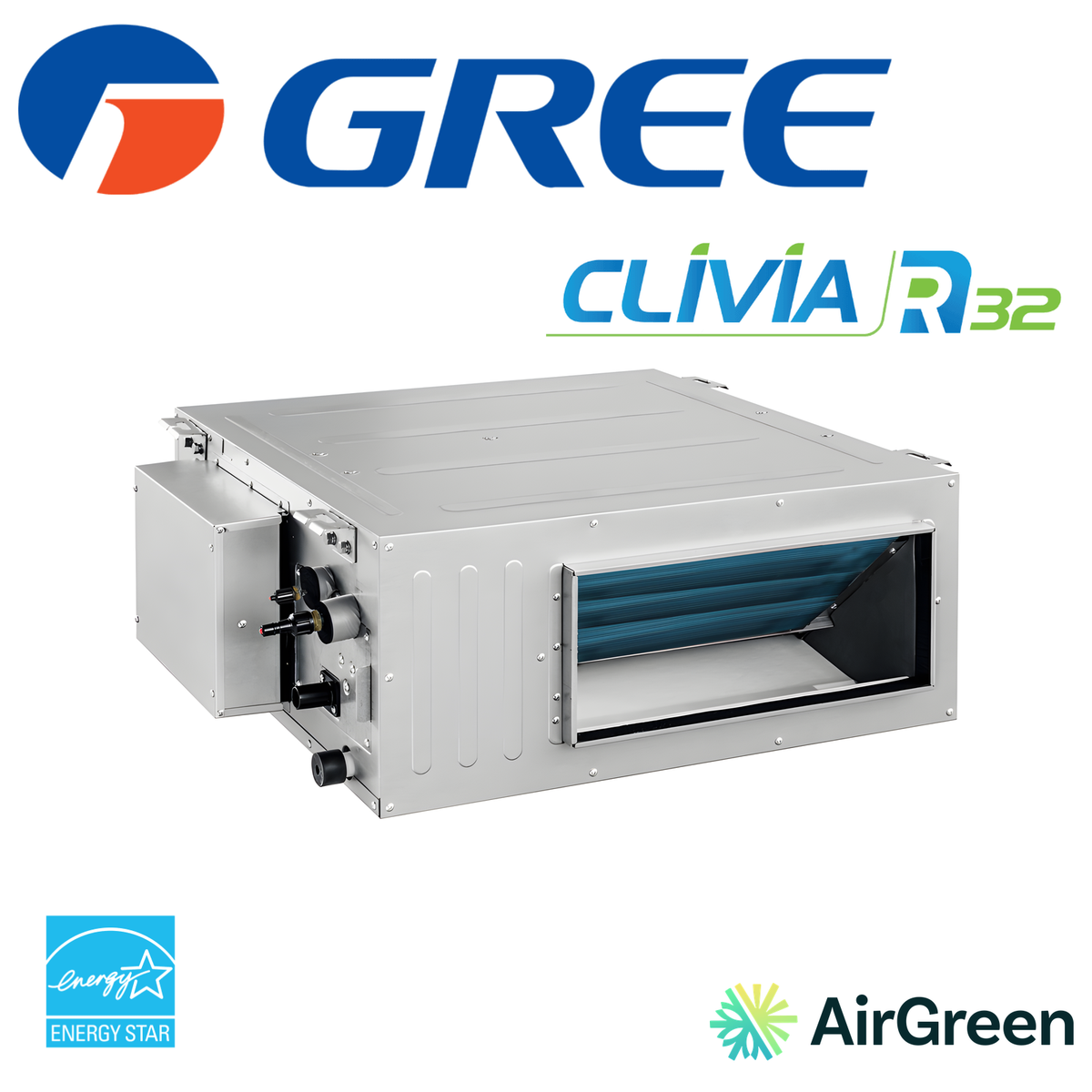 Thermopompe gainable GREE CLIVIA R32 12 000 BTU — conduit gainable à haute pression statique, certifié ENERGY STAR, installé par AirGreen