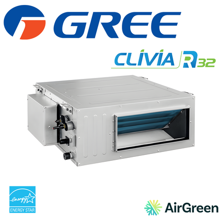 Thermopompe gainable GREE CLIVIA R32 12 000 BTU — conduit gainable à haute pression statique, certifié ENERGY STAR, installé par AirGreen