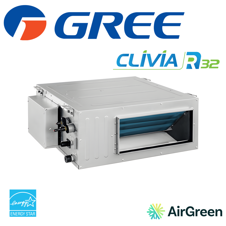Thermopompe gainable GREE CLIVIA R32 9 000 BTU — conduit gainable à haute pression statique, certifié ENERGY STAR, installé par AirGreen