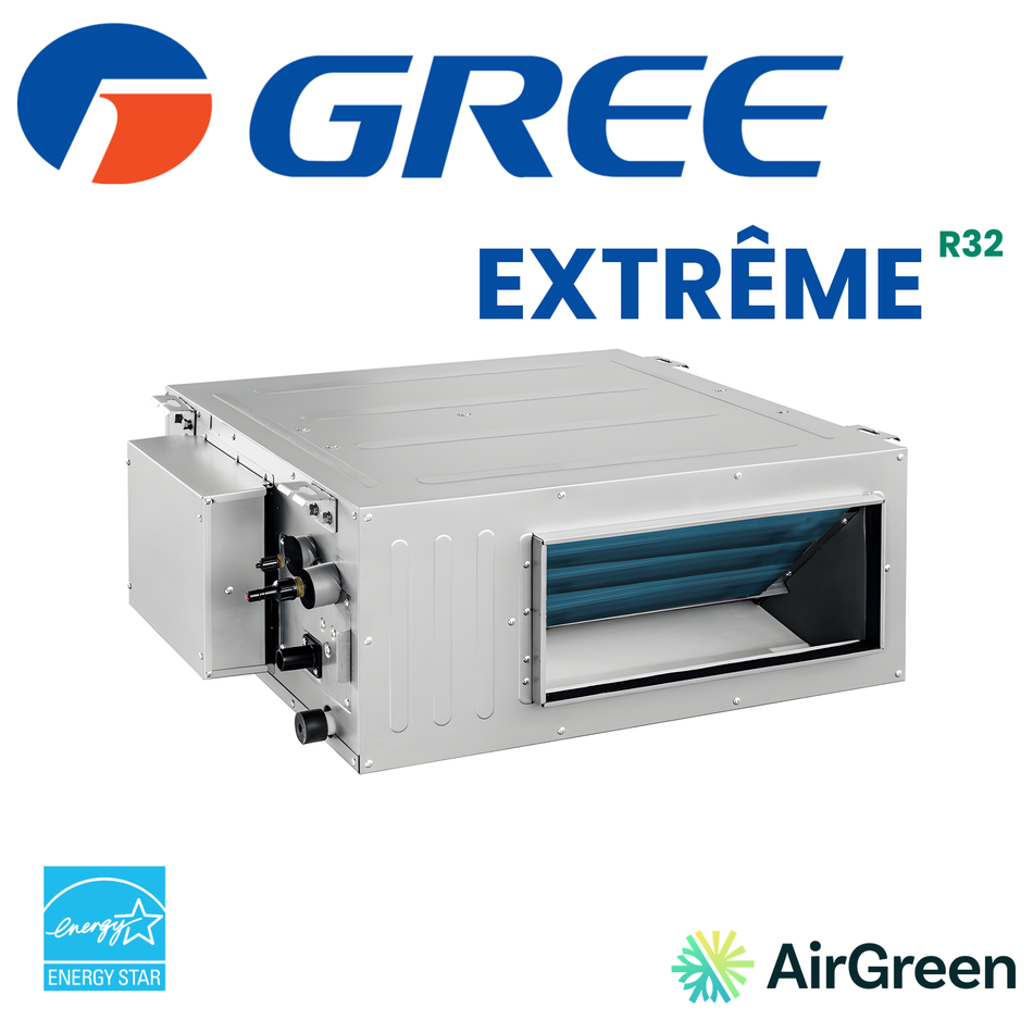 Thermopompe gainable GREE EXTRÊME R32 12 000 BTU — conduit gainable à haute pression statique, certifié ENERGY STAR, installé par AirGreen
