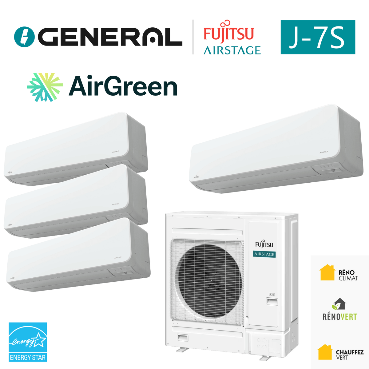 Système mini-VRF GENERAL AIRSTAGE J-7S 24 000 BTU, 4 unités intérieures – carte principale | Montréal, Laval, Longueuil, Rive-Sud, Rive-Nord