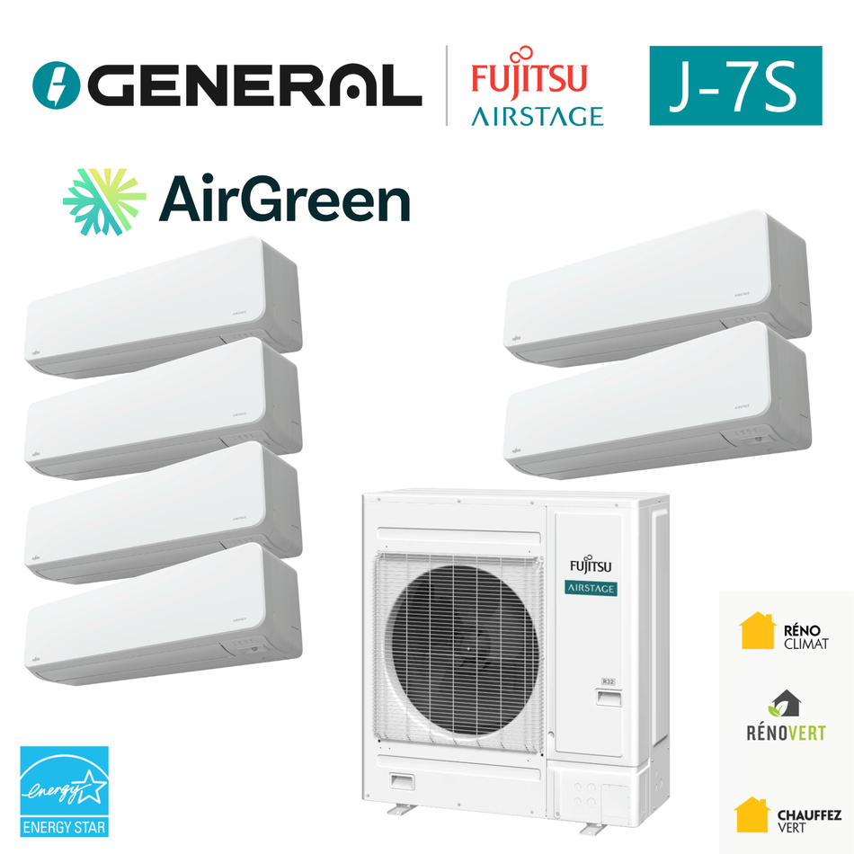 Système mini-VRF GENERAL AIRSTAGE J-7S 36 000 BTU, 6 unités intérieures – carte principale | Montréal, Laval, Longueuil, Rive-Sud, Rive-Nord