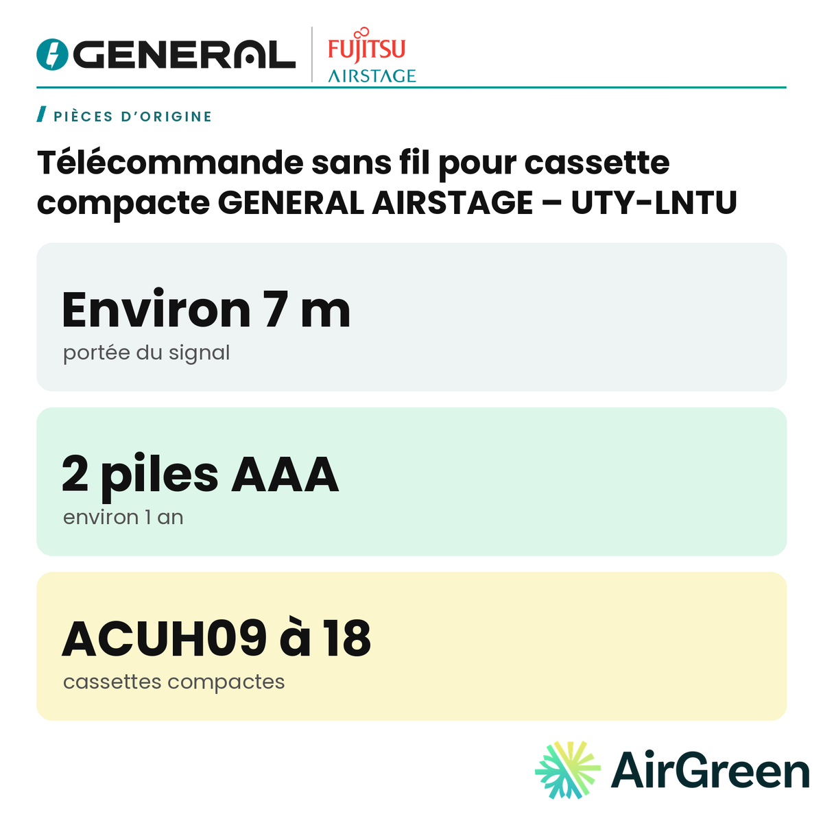 Télécommande sans fil pour cassette compacte GENERAL AIRSTAGE – UTY-LNTU – carte principale | Montréal, Laval, Longueuil, Rive-Sud, Rive-Nord