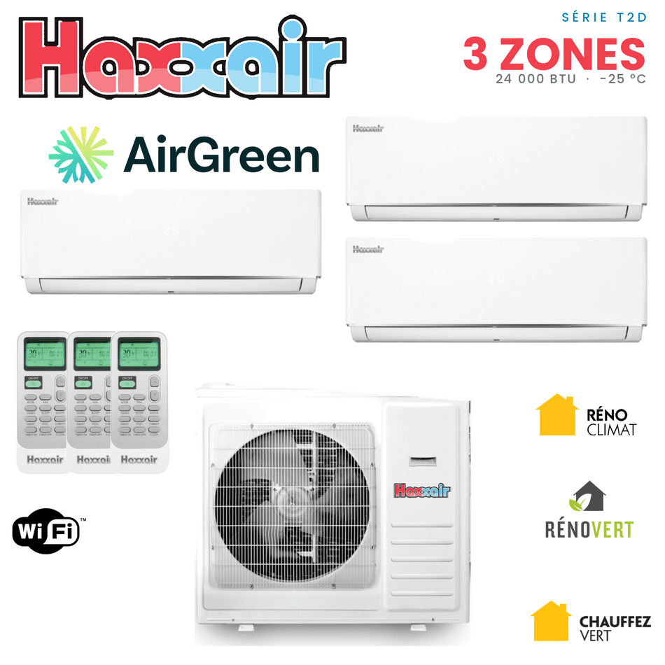Thermopompe 3 zones HAXXAIR T2D — compresseur 24 000 BTU — installation par AirGreen, Montréal, Laval, Longueuil, Rive-Sud et Rive-Nord