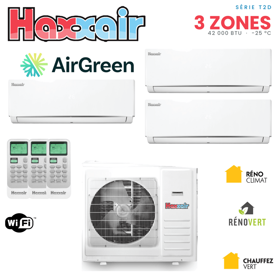Thermopompe 3 zones HAXXAIR T2D — compresseur 42 000 BTU — installation par AirGreen, Montréal, Laval, Longueuil, Rive-Sud et Rive-Nord