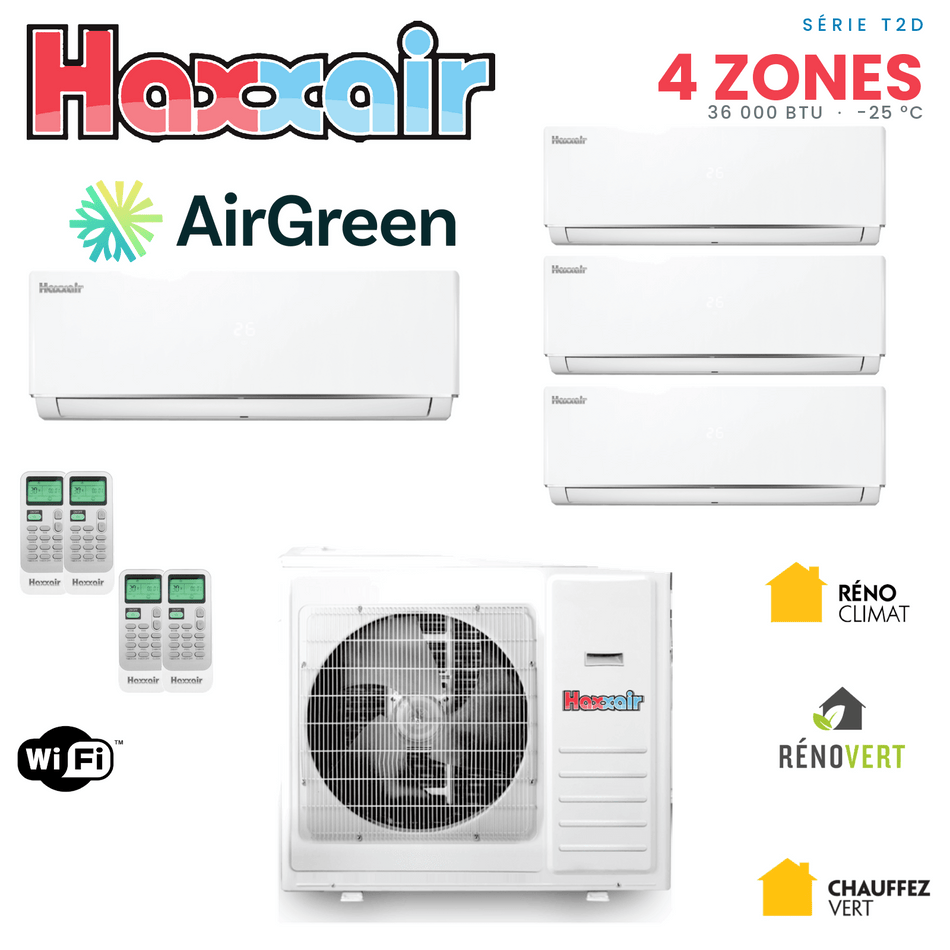 Thermopompe 4 zones HAXXAIR T2D — compresseur 36 000 BTU — installation par AirGreen, Montréal, Laval, Longueuil, Rive-Sud et Rive-Nord