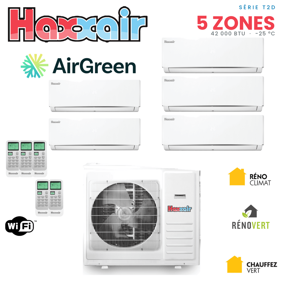 Thermopompe 5 zones HAXXAIR T2D — compresseur 42 000 BTU — installation par AirGreen, Montréal, Laval, Longueuil, Rive-Sud et Rive-Nord
