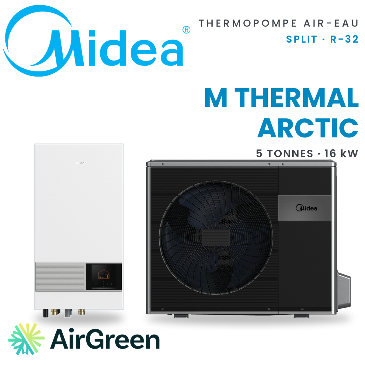 Thermopompe air-eau Midea M Thermal Arctic 5 tonnes, unité extérieure et module hydronique, installation à Montréal, Laval, Longueuil, Rive-Sud et Rive-Nord