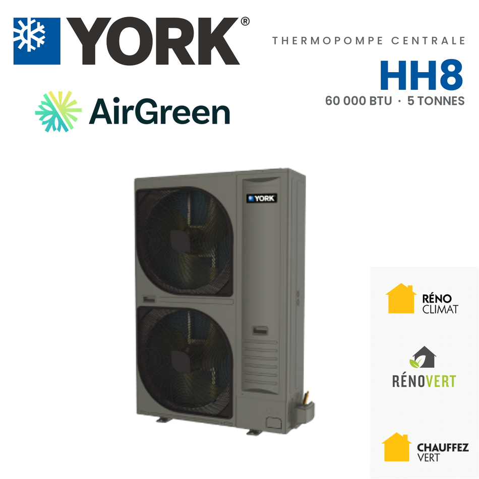 Thermopompe Centrale YORK HH8 variable speed 18 SEER2 (cold climate) | 5 Tonnes — installation par AirGreen à Montréal, Laval, Longueuil, Rive-Sud et Rive-Nord