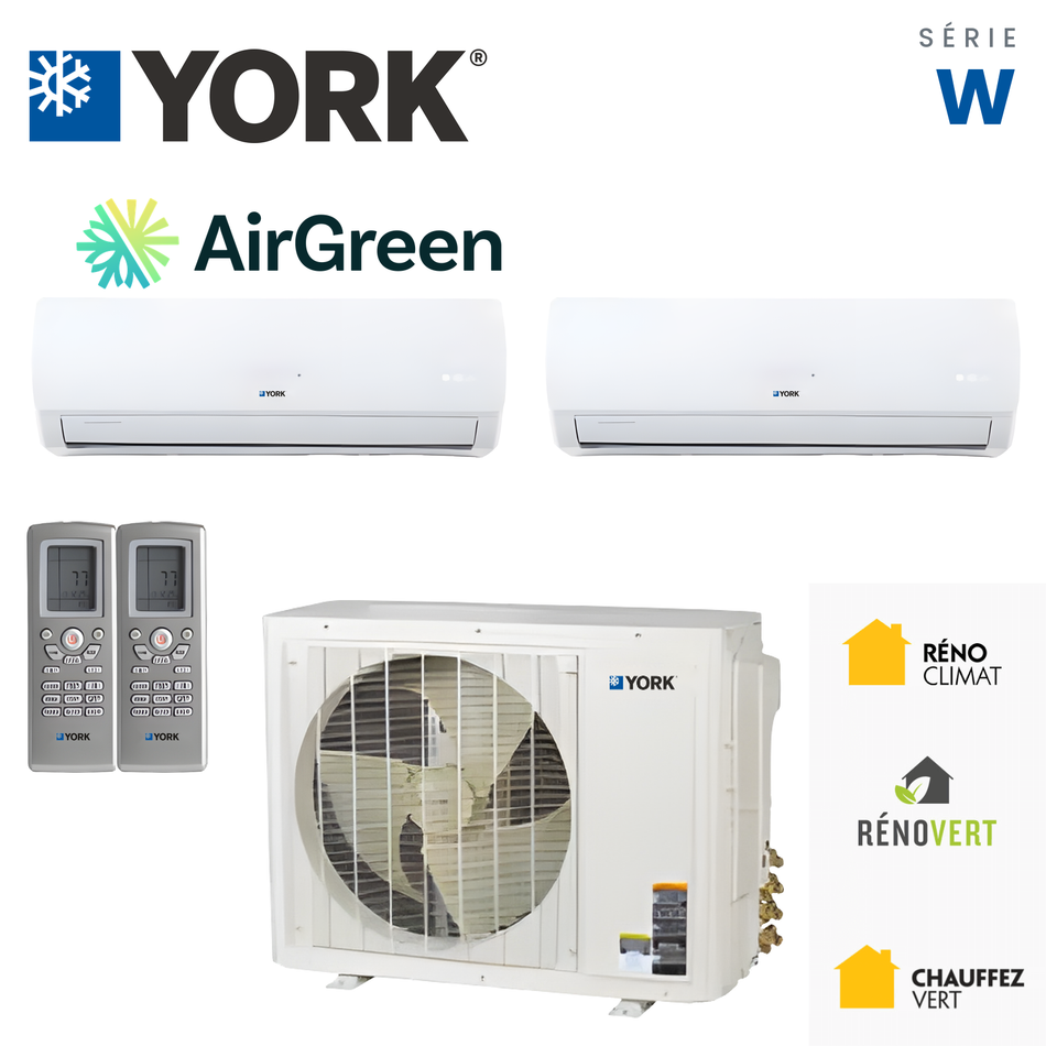 Thermopompe multizone deux têtes YORK Série W 22 SEER de 18 000 BTU, installée par AirGreen à Montréal, Laval, Longueuil, Rive-Sud et Rive-Nord.