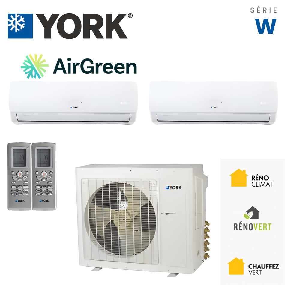 Thermopompe multizone deux têtes YORK Série W 22 SEER de 24 000 BTU, installée par AirGreen à Montréal, Laval, Longueuil, Rive-Sud et Rive-Nord.