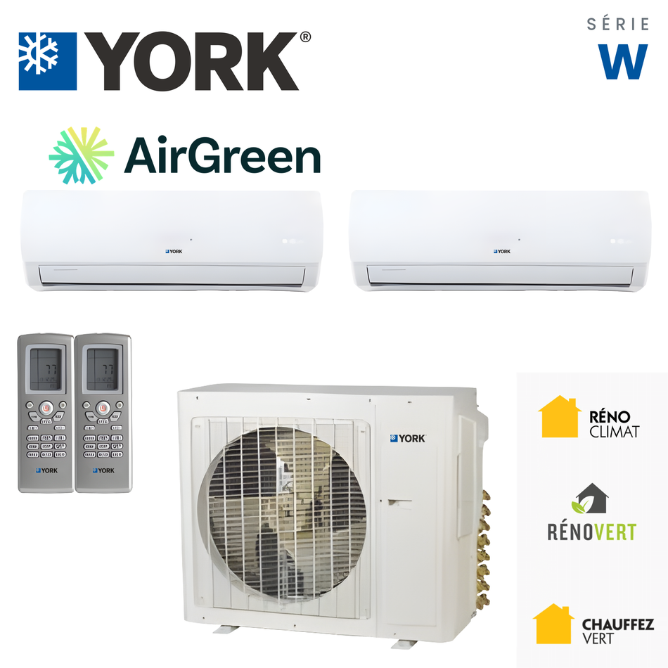 Thermopompe multizone deux têtes YORK Série W 22 SEER de 30 000 BTU, installée par AirGreen à Montréal, Laval, Longueuil, Rive-Sud et Rive-Nord.