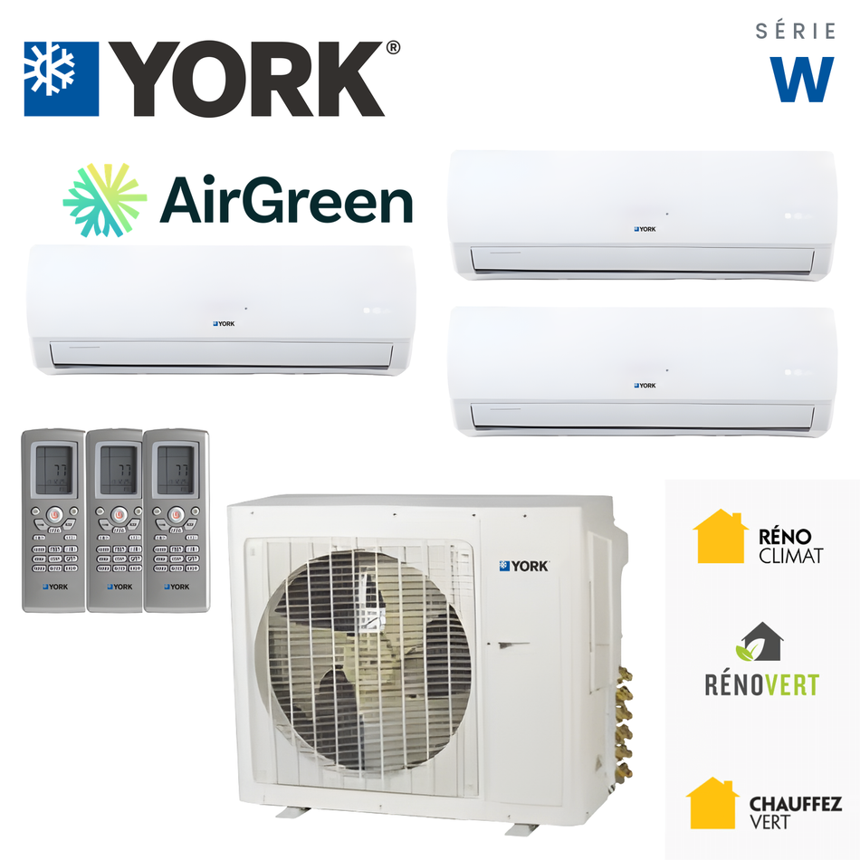 Thermopompe multizone trois têtes YORK Série W 22 SEER de 24 000 BTU, installée par AirGreen à Montréal, Laval, Longueuil, Rive-Sud et Rive-Nord.