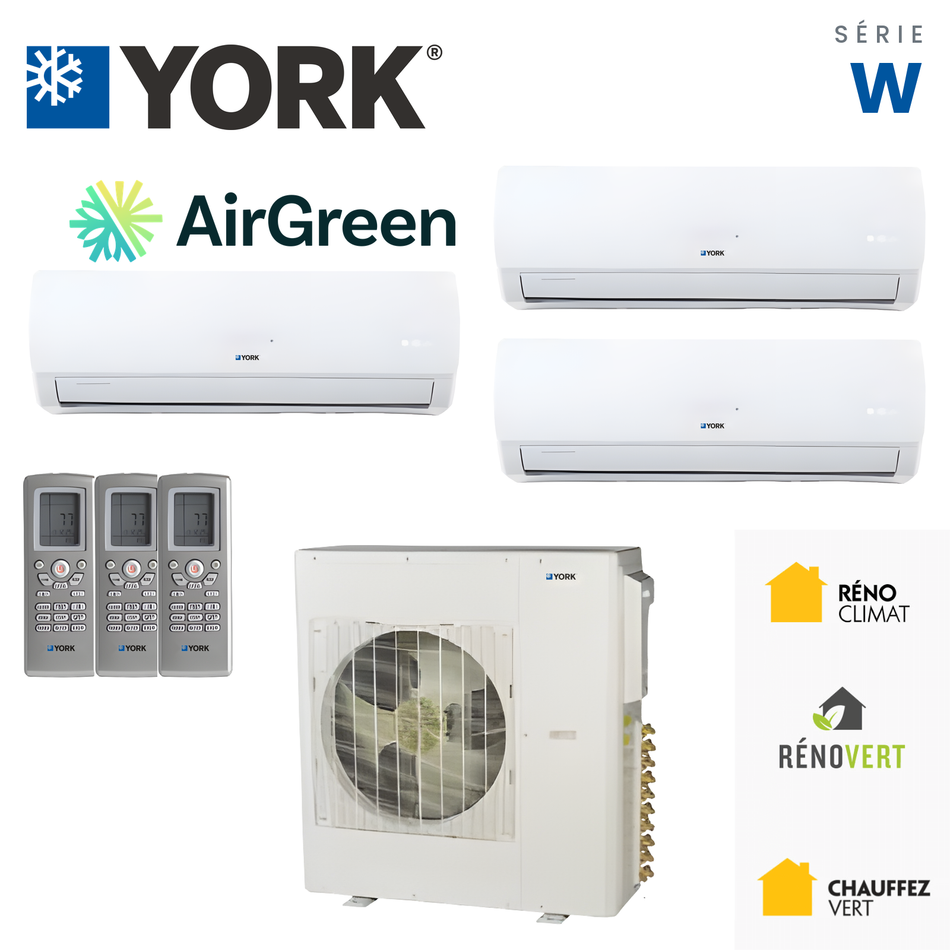 Thermopompe multizone trois têtes YORK Série W 22 SEER de 42 000 BTU, installée par AirGreen à Montréal, Laval, Longueuil, Rive-Sud et Rive-Nord.