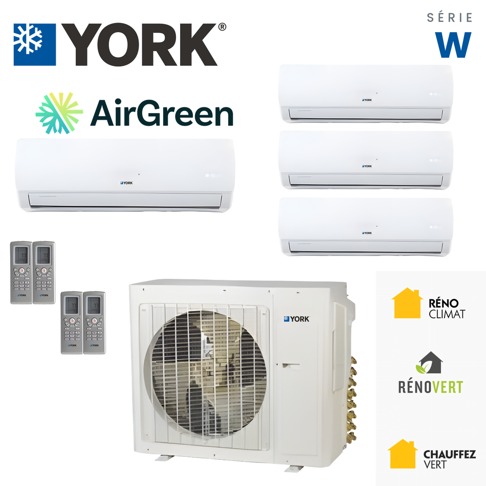 Thermopompe multizone quatre têtes YORK Série W 22 SEER de 30 000 BTU, installée par AirGreen à Montréal, Laval, Longueuil, Rive-Sud et Rive-Nord.