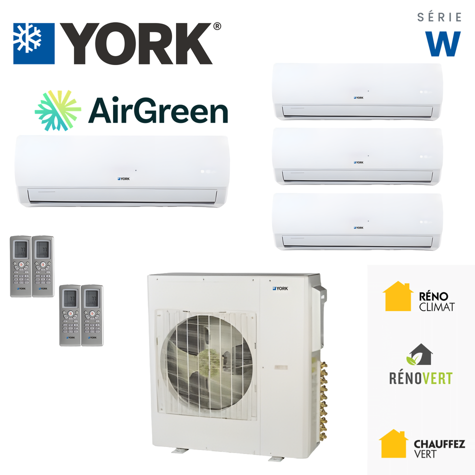 Thermopompe multizone quatre têtes YORK Série W 22 SEER de 36 000 BTU, installée par AirGreen à Montréal, Laval, Longueuil, Rive-Sud et Rive-Nord.