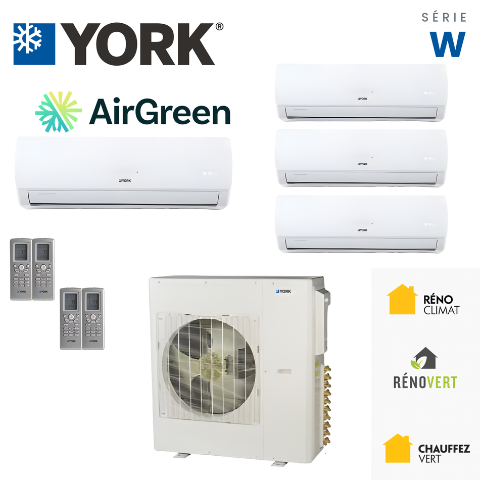 Thermopompe multizone quatre têtes YORK Série W 22 SEER de 42 000 BTU, installée par AirGreen à Montréal, Laval, Longueuil, Rive-Sud et Rive-Nord.