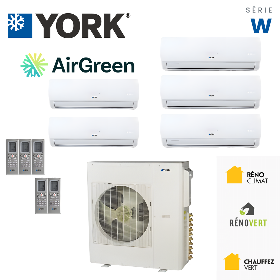 Thermopompe multizone cinq têtes YORK Série W 22 SEER de 42 000 BTU, installée par AirGreen à Montréal, Laval, Longueuil, Rive-Sud et Rive-Nord.