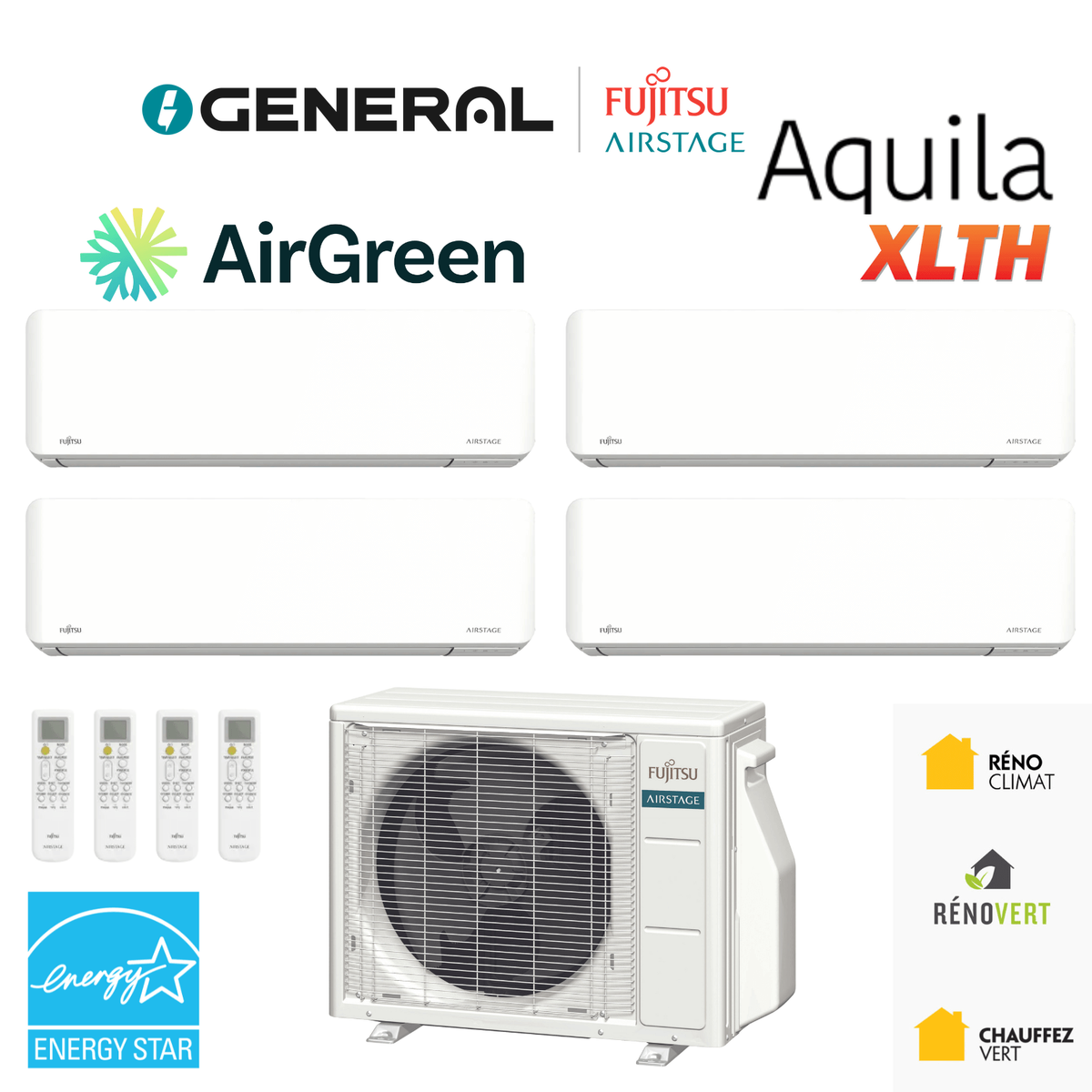 Thermopompe multizone GENERAL AIRSTAGE Aquila XLTH 4 zones 36 000 BTU – carte principale | Montréal, Laval, Longueuil, Rive-Sud, Rive-Nord