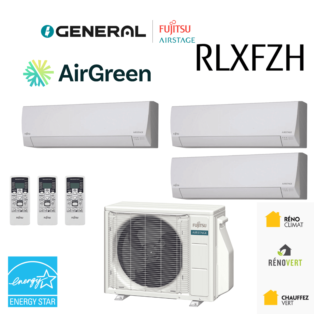 Thermopompe multizone GENERAL AIRSTAGE RLXFZH 3 zones 24 000 BTU – carte principale | Montréal, Laval, Longueuil, Rive-Sud, Rive-Nord