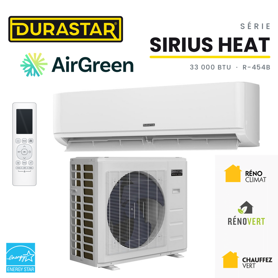 Thermopompe murale DURASTAR Sirius Heat 33 000 BTU R-454B avec unité intérieure, unité extérieure, télécommande, logos DuraStar et AirGreen, ENERGY STAR et subventions du Québec